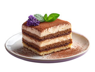 A slice of tiramisu on a glass plate isolated on white background. Suitable for marketing or business purposes. PNG file