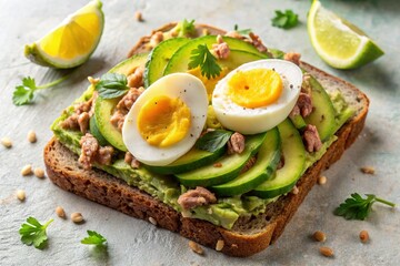 Healthy Avocado Rye Toast with Tuna & Egg - Top View Close-up Stock Photo