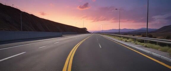 Naklejka premium Wide view of asphalt road with high concrete wall and guardrail at dusk, atmosphere, asphalt road