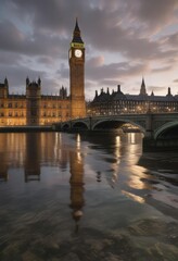 Naklejka premium Wide angle view of Westminster bridge with Big Ben and Parliament, travel, historic, River Thames, London, England