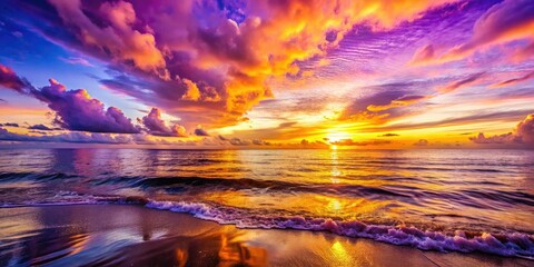 Dreamy beach, vibrant water glows with magical purple, pink, and yellow sunset hues.