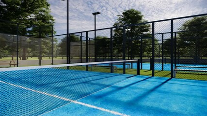Closeup Slider shot  of  Net at empty blue turf padel tennis courts outdoor, located in the sports complex facility area. With lights turned on even though it is daytime