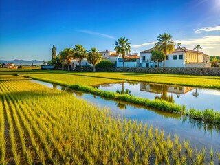 Obraz premium Minimalist Rice Paddies, Isla Mayor, Andalusia, Spain. Golden Hour Landscape Photography