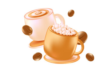 Cute 3D beige coffee cups icon isolated, transparent background. Aesthetic glowing glass or plastic texture mug with cappuccino cream swirl, scattered coffee beans. Elegant decorative element
