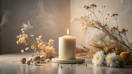 Ethereal home décor: minimalist candles and dried flowers beautifully photographed.