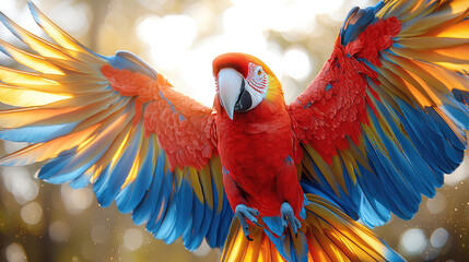 Fototapeta premium A vibrant scarlet macaw in flight, wings outstretched, showcasing its colorful plumage against a soft, bokeh background.