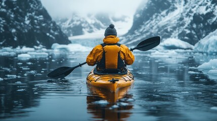 Fototapeta premium Kayaker Exploring Icy Waters Surrounded by Glaciers