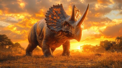 Fototapeta premium Majestic Triceratops Roaming Prehistoric Landscape at Sunset
