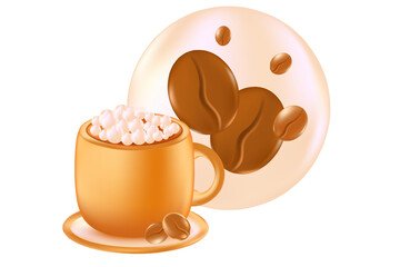 Cute 3D light beige cappuccino coffee cup isolated, transparent PNG. Coffee mug with glowing plastic texture. Great for cafe menu, delivery price, discount sale, commercial presentation.