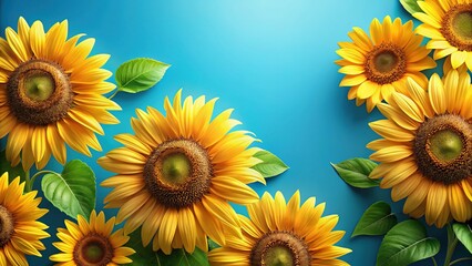 Obraz premium Vibrant Sunflowers Overhead: Blue Background with Ample Copy Space for Summer Designs