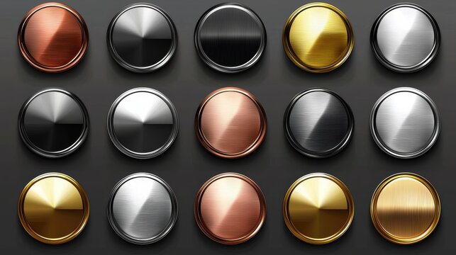 A collection of metal chrome circle buttons in vector format.