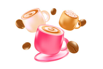 Cute 3D coffee cup set isolated, transparent PNG. Cappuccino mug floating with scattered coffee beans. Great for cafe menu decoration, delivery price stickers, discount sale, commercial presentation.