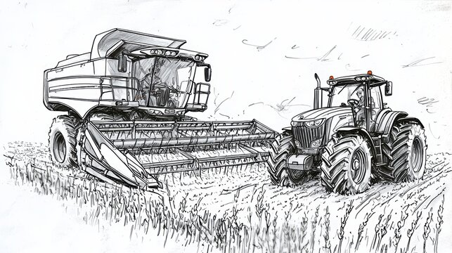 Highlighting the collaboration between a tractor and a combine harvester in farming operations. 
