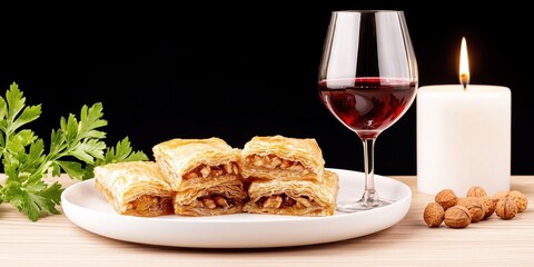 Sweet Pastries with Port Wine concept. Delicious baklava served with wine and a candle on a wooden table