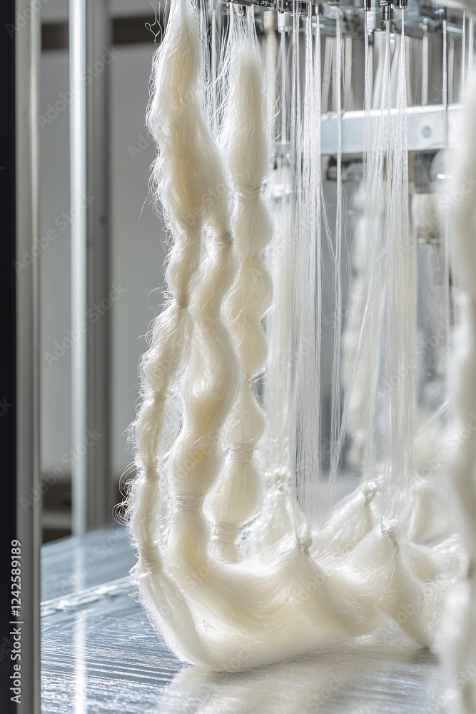 Poster automatic machine in a textile factory is producing natural wool fiber threads