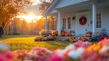 Autumn sunset, cozy house porch, fall decor, rural scene, home sale