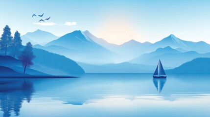 Serene blue lake with tranquil mountains during sunrise, featuring sailboat and birds, evoking peace, nature, and outdoor freedom.