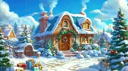 Fototapeta premium Cozy snow cottage Christmas village winter scene greeting card