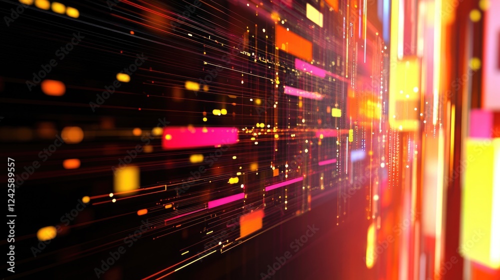 Poster Vibrant Abstract Data Visualization with Multicolored Light Streams and Graphic Elements on a Dark Background Representing Technology and Innovation