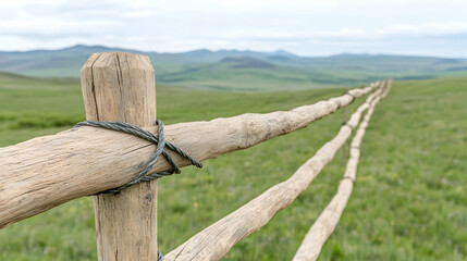 Fototapeta premium Wooden fence in grassy hills landscape