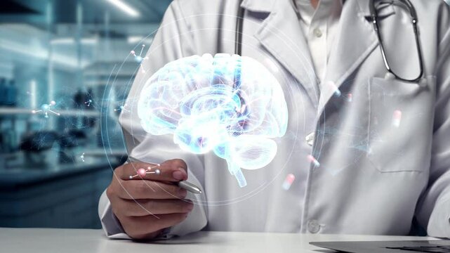 Close up of doctor sitting at table with tablet and pointing human brain anatomy hologram float at laboratory. Medical worker checking and diagnosis brain disorder. Technology innovation. Remedial.