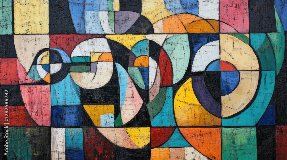 Poster vibrant abstract oil painting featuring an array of colorful geometric shapes and circular forms in 