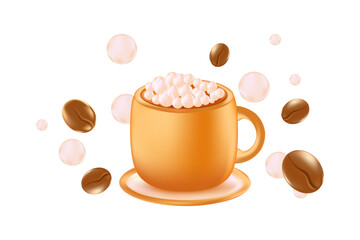 Cute 3D caramel beige coffee cup icon isolated, transparent background. Aesthetic glowing glass or plastic texture mug with cappuccino cream swirl, scattered coffee beans. Elegant decorative element