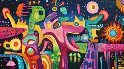 Vibrant abstract artwork depicting joyful figures celebrating at a night disco party under a starry sky featuring energetic colors and dynamic forms.