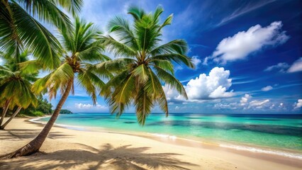Warm sandy beach with large palm trees and turquoise water in the distance, island scenery, ocean view, palm fronds