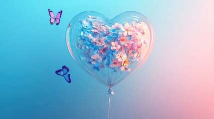 Heart-shaped balloon, flowers, butterflies, pastel background, Valentine's Day