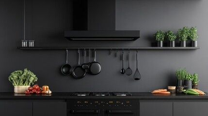 Modern black kitchen, cooking utensils hanging, herbs, stovetop, minimalist design