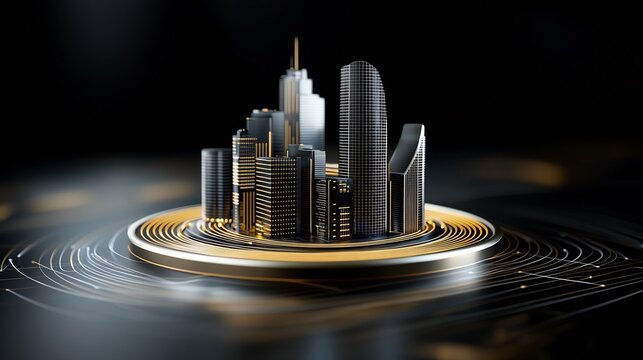 Futuristic city model, dark background, technology concept, architectural design, website banner