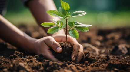 Close up of child hands planting young tree.