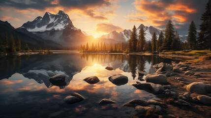 Sunset in the mountains at a calm lake. A serene mountain lake at sunrise.