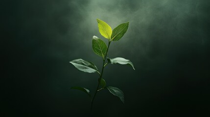 Illuminated sprout emerges from smoky dark background; growth, hope concept