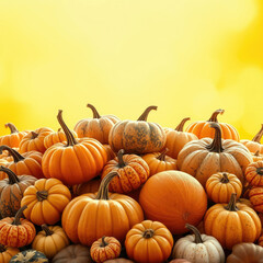 Obraz premium Vibrant yellow orange backdrop with assorted pumpkins and gourds, halloween, vibrant, autumn, decoration, unique