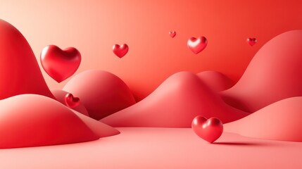 Red hearts float above abstract hills, romantic background, Valentine's Day