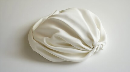 White fabric turban, crumpled, studio shot, minimalist background, fashion accessory