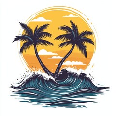 Summer island, waves, palm trees and sun, logo symbol design isolated on white background