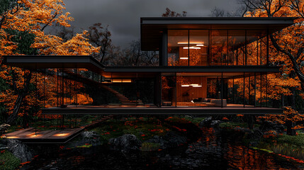 Fototapeta premium Modern glass house autumn forest night