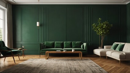 A serene interior space with deep green wall panels and a warm wooden floor