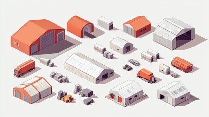 Vector isometric illustrations of awning tarpaulin tents.