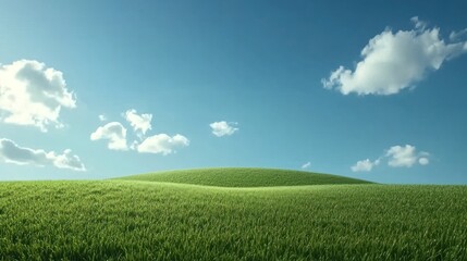 Obraz premium Sunny day, green rolling hills, blue sky, fluffy clouds, idyllic landscape, nature background