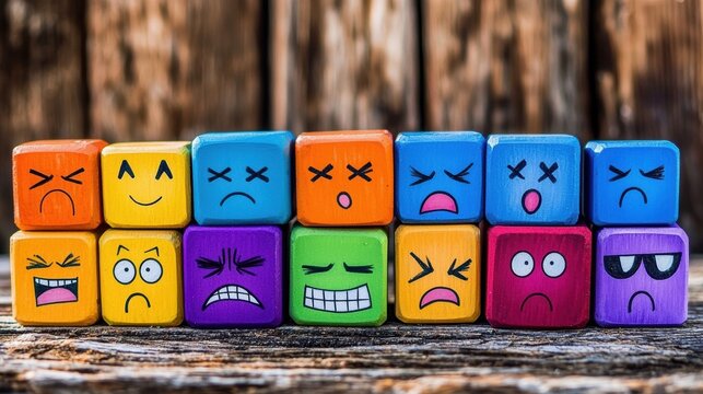 Emotion-packed cubes displayed against a natural wooden backdrop.