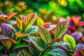 Macro lens reveals vibrant spring foliage: lush green park, detailed trees, textured leaves, nature's close-up.