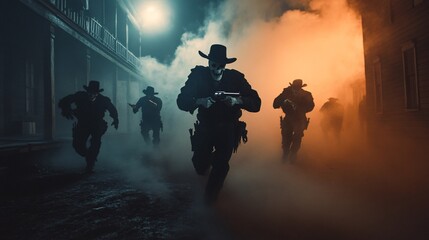 Group of skeleton cowboys running through a dusty old town at night, guns in hand