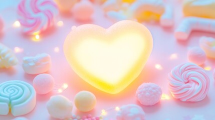 Obraz premium Glowing heart among pastel sweets, fairy lights; pink background; Valentine's Day card