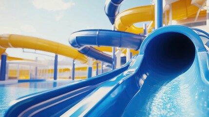 Blue water park slide entry, sunny day, fun, vacation