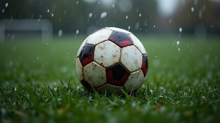 Obraz premium Rain soaked soccer ball on a grassy field.