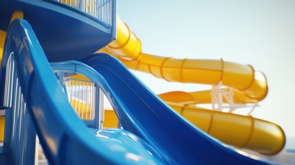 Blue water park slide, sunny day, beach background, summer fun